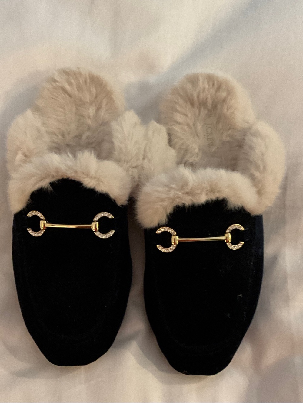 J. Crew Navy Velvet Plush-Lined Mules with Gold Horsebit detail